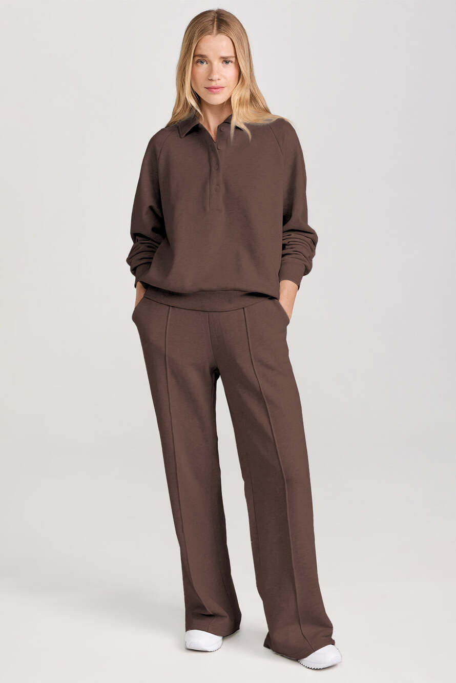 Dark Brown Solid Collared Sweatshirt and High Waist Pants Active Set - Picture 8 of 8